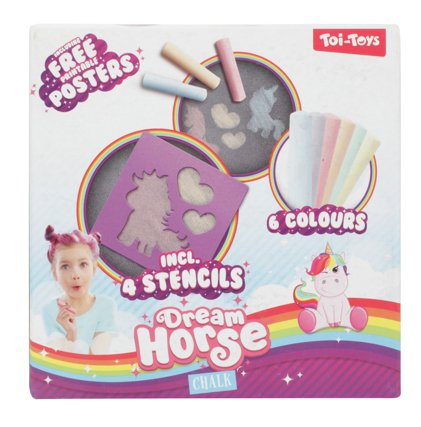 Stoepkrijt eenhoorn met 4 verschillende sjablonen