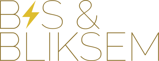 Bas & Bliksem,De merknaam wordt weergegeven in het geel en de a van bas is een bliksemschicht