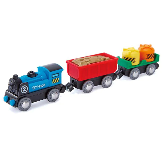 Goederentrein met twee goederenwagons op batterijen
